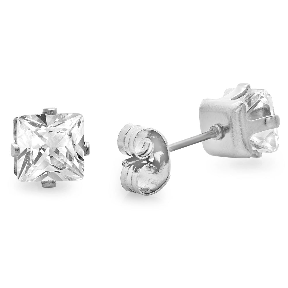 Square Princess Cut Clear Cubic Zirconia Stainless Steel Stud Earrings + Jewelry Polishing Cloth (SKU: ST-ER1002)
