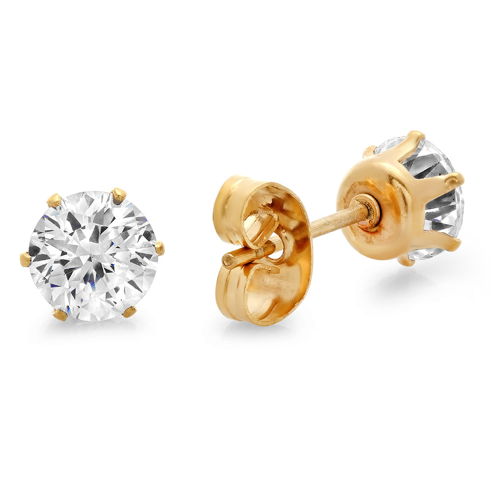 Round Brilliant Cut CZ 14k Gold Plated Stainless Steel Stud Earrings