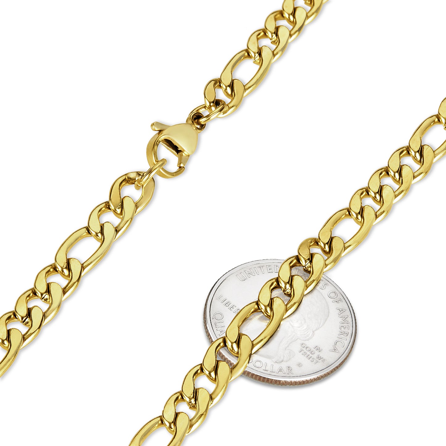 7mm 24k Yellow Gold Plated Stainless Steel Flat Figaro Chain Necklace