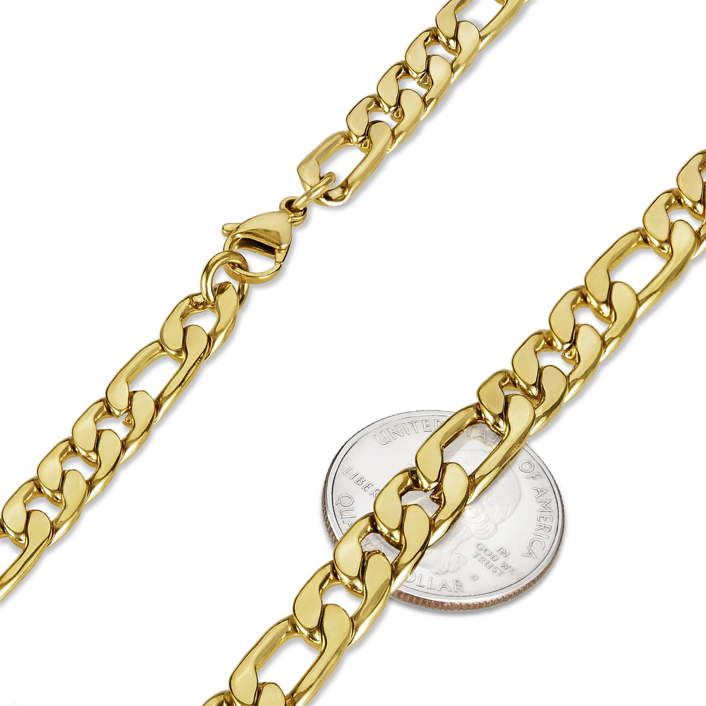 8.4mm Polished 24k Yellow Gold Plated Stainless Steel Flat Figaro Chain Necklace