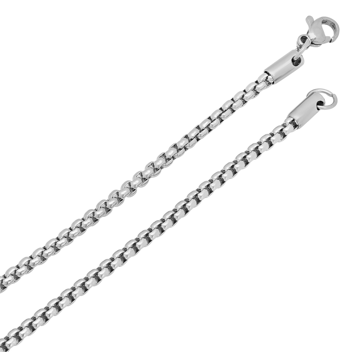 3mm High-Polished Stainless Steel Square Box Chain Necklace, 17'-30' + Jewelry Cloth & Pouch (SKU: ST-NK1003)