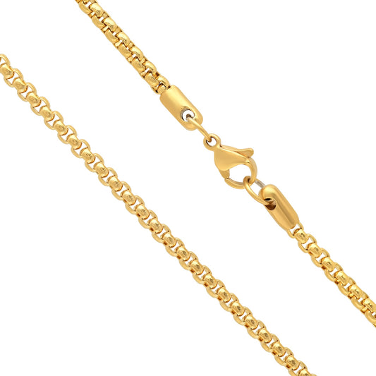 3mm 24k Yellow Gold Plated Stainless Steel Square Box Chain Necklace + Gift Box