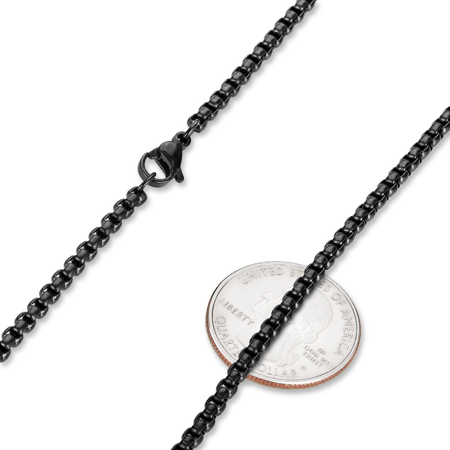 3.2mm 0.16 mils (4 microns) Black Stainless Steel Square Box Chain Necklace, 18'-30' + Jewelry Cloth & Pouch (SKU: ST-RDB320B)