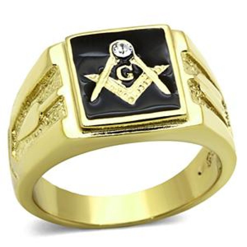 Stainless Steel 316 Freemason Gold Plated CZ Masonic Ring