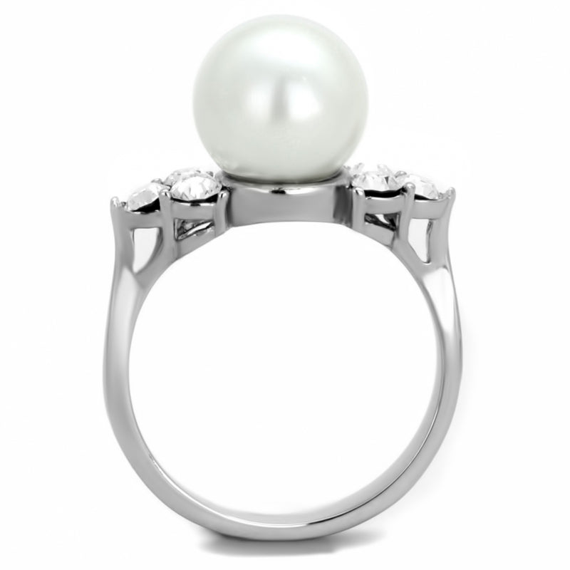 Stainless Steel 316 High Polished 9mm White Synthetic Pearl with CZ Ring (SKU: ST-RN1011)