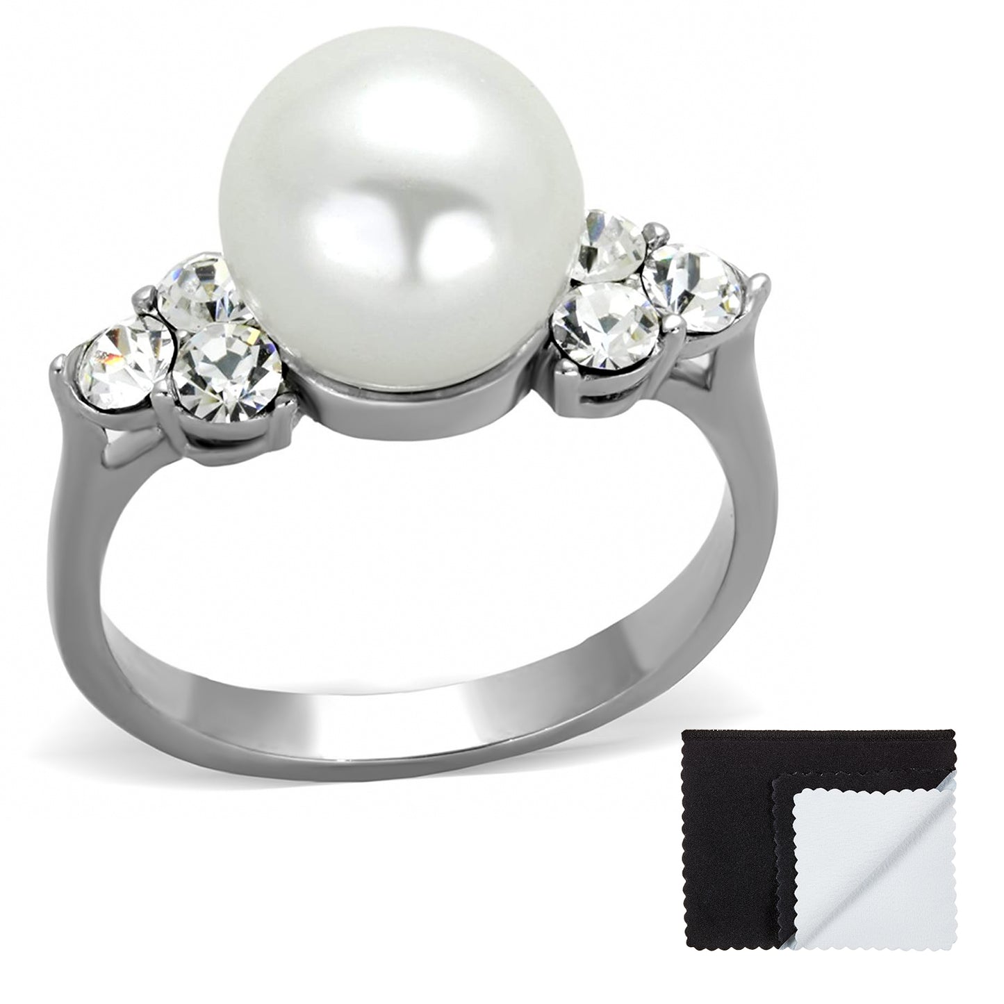 Stainless Steel 316 High Polished 9mm White Synthetic Pearl with CZ Ring (SKU: ST-RN1011)