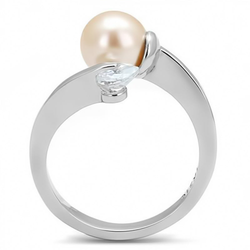 Stainless Steel 316 High Polished 8mm Light Peach Synthetic Pearl with Heart CZ Ring (SKU: ST-RN1013)