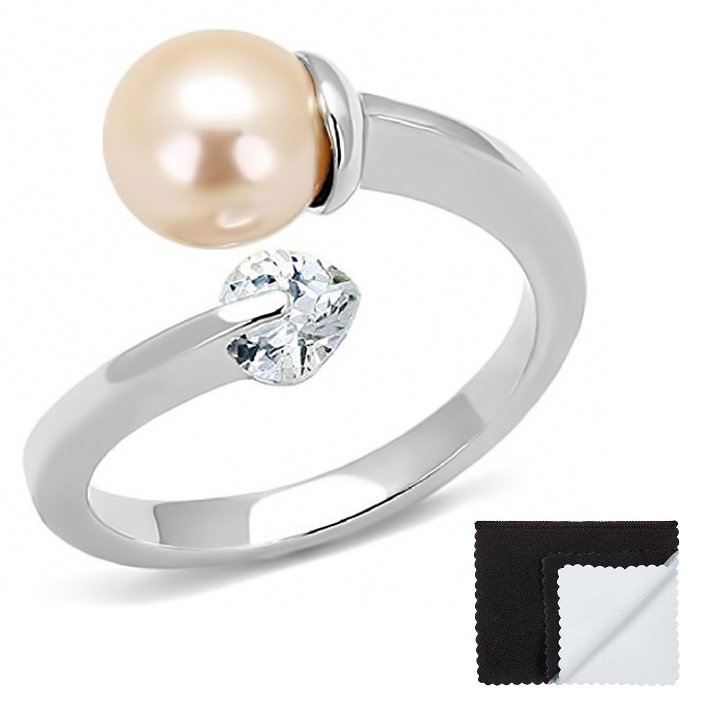 Stainless Steel 316 High Polished 8mm Light Peach Synthetic Pearl with Heart CZ Ring (SKU: ST-RN1013)