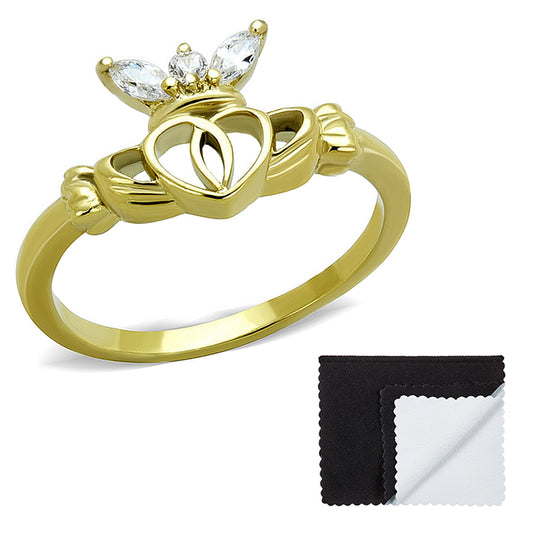 Stainless Steel IP Gold Plated Irish Claddagh Heart Cubic Zirconia Ring