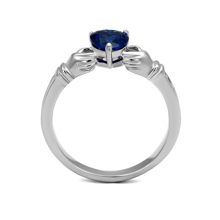 Stainless Steel Synthetic Blue Spinel Claddagh Heart Ring