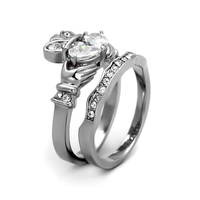 Stainless Steel 2 pc.. High Polished Irish Claddagh Heart Cubic Zirconia Ring