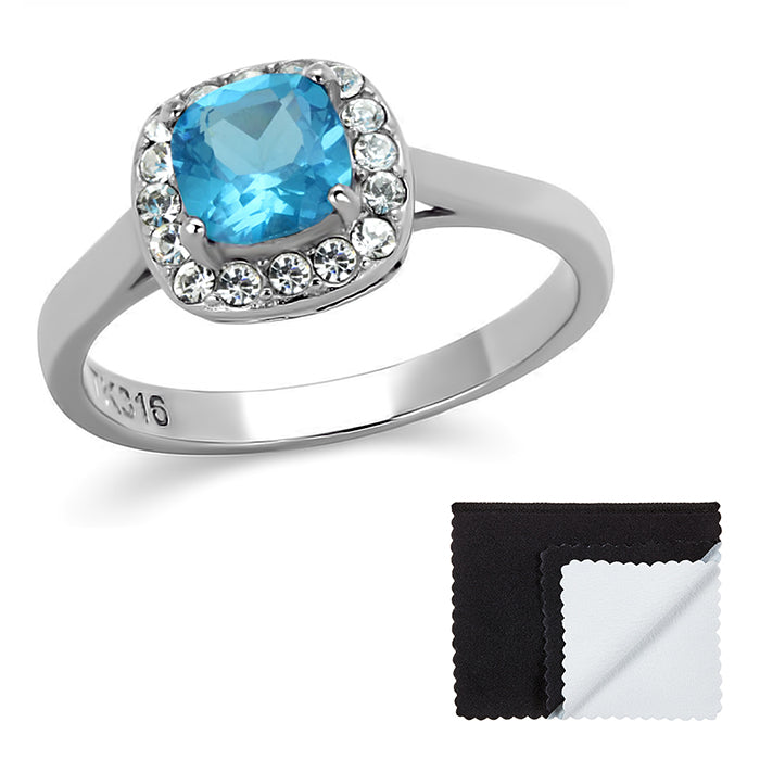 Stainless Steel Aqua Cushion Cut Cubic Zirconia Promise Ring