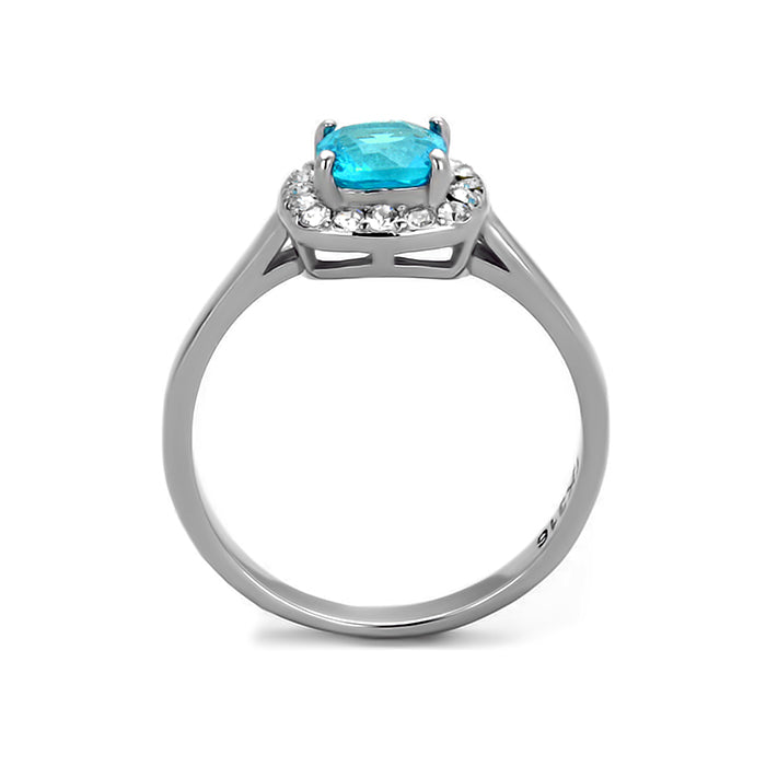 Stainless Steel Aqua Cushion Cut Cubic Zirconia Promise Ring