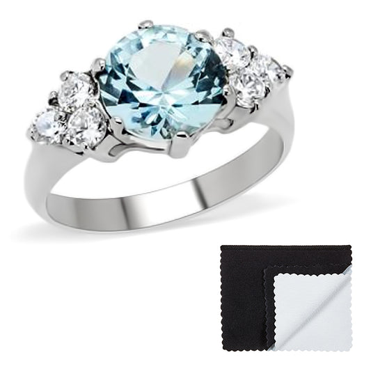 Stainless Steel Aqua Round Cubic Zirconia Promise Ring