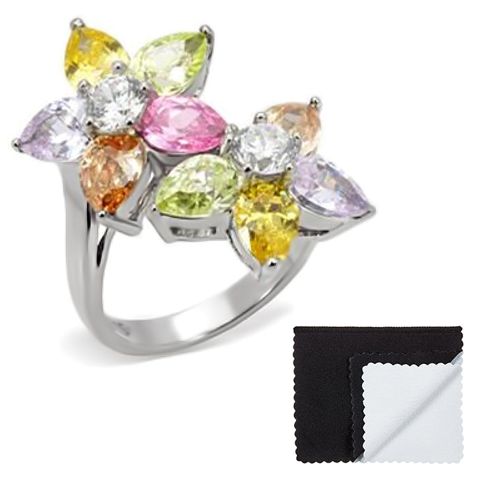 Stainless Steel Multi Color Block Floral Cubic Zirconia Ring