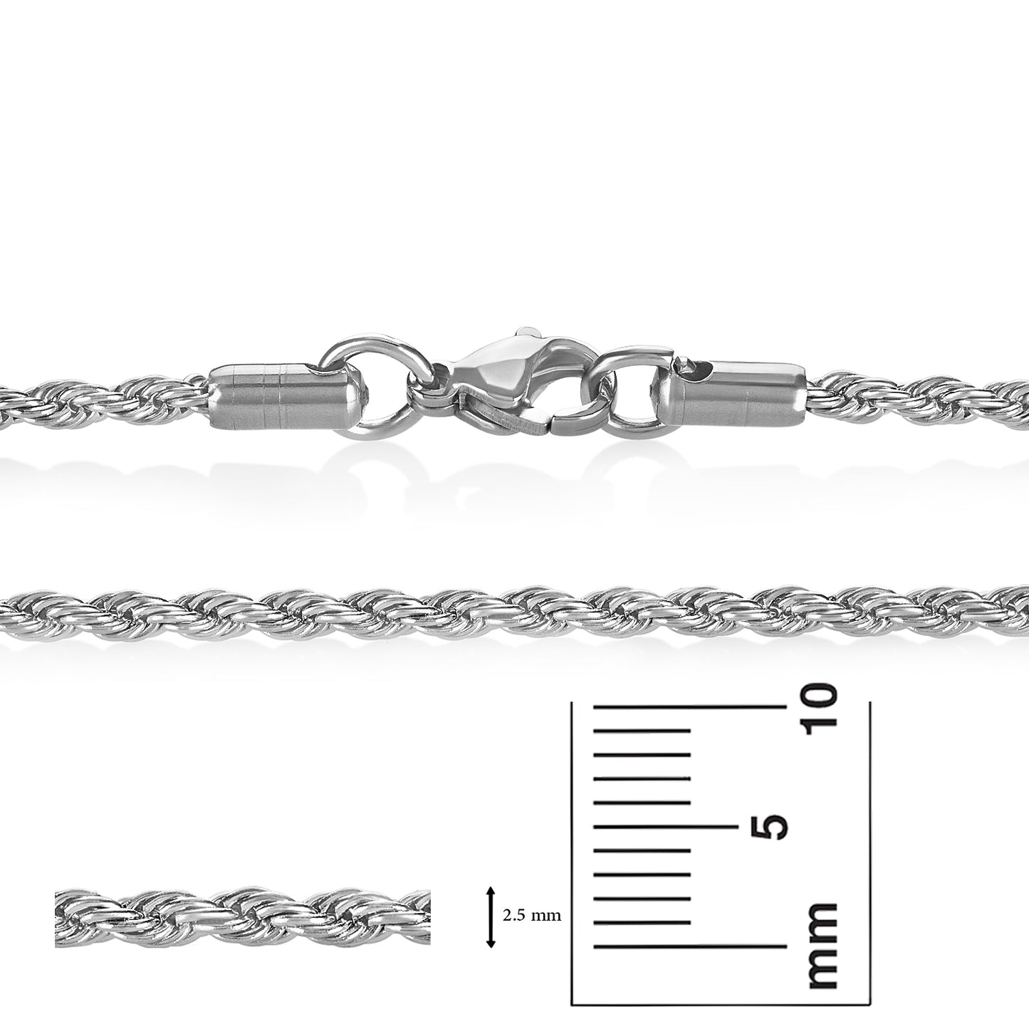 2.5mm High-Polished Stainless Steel Twisted Rope Chain Necklace