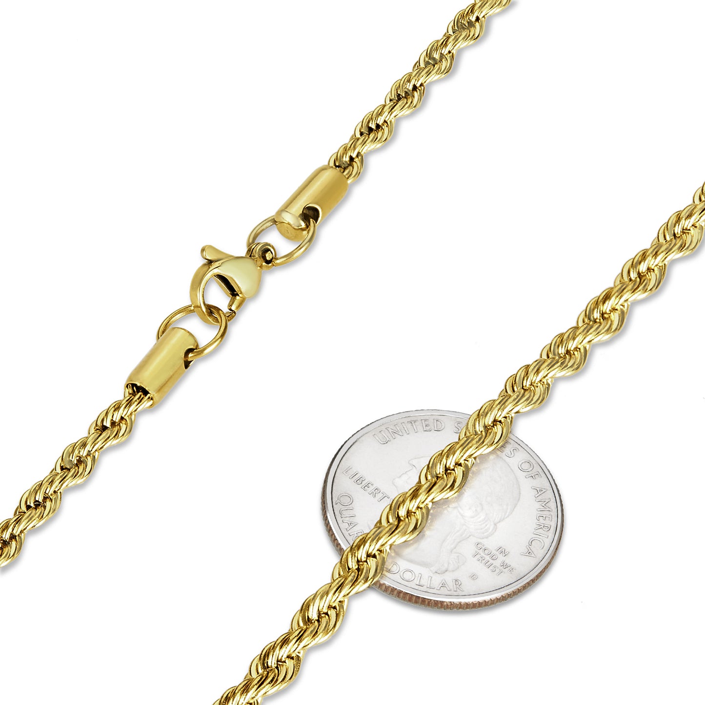 4mm 24k Yellow Gold Plated Stainless Steel Twisted Rope Chain Necklace