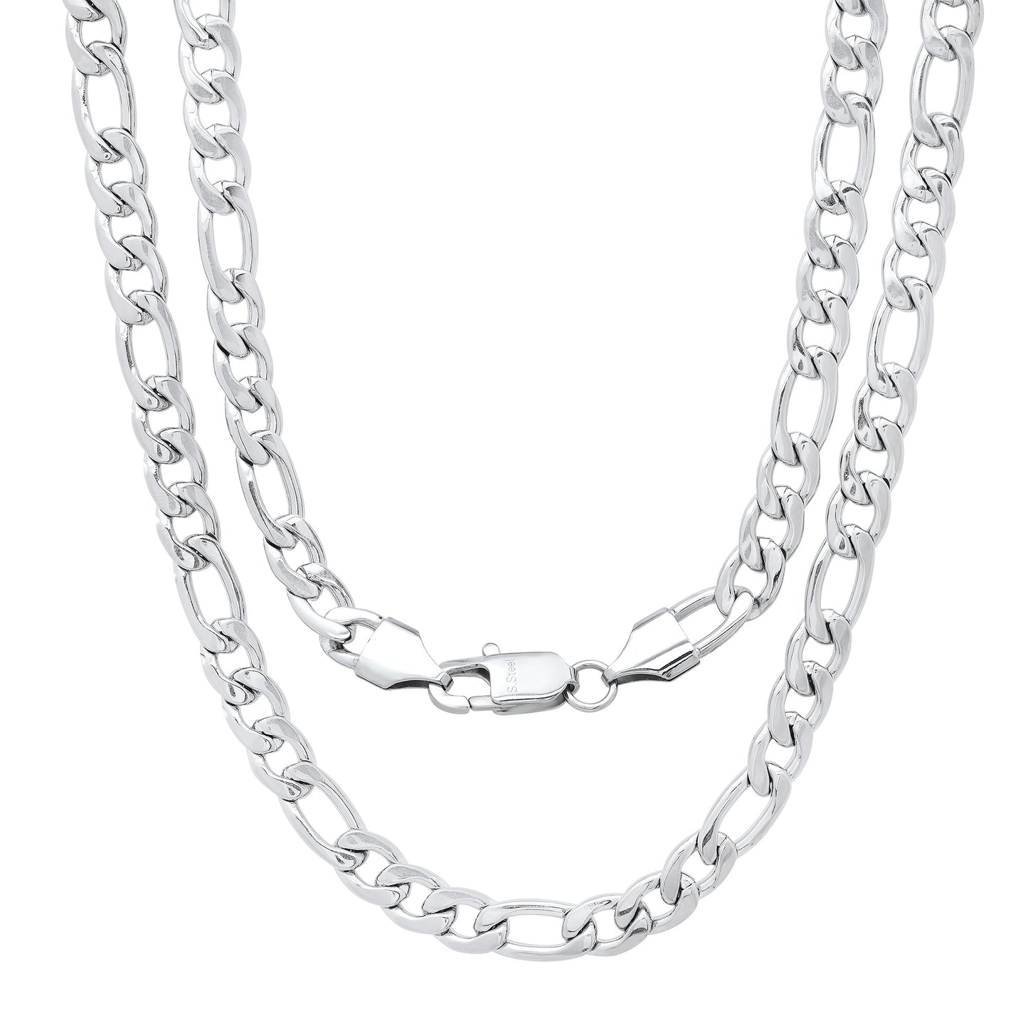 Men's 6.7mm High-Polished Stainless Steel Flat Figaro Chain Necklace, 24 (SKU: ST-SD1014)