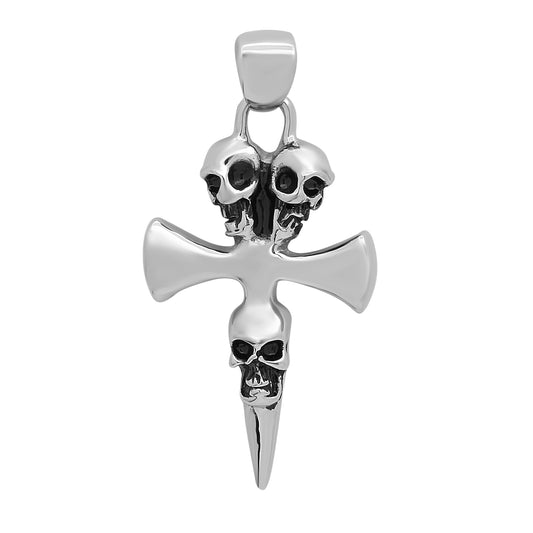 Highly Polished 29.4mm Stainless Steel Cross with Three Skulls Pendant