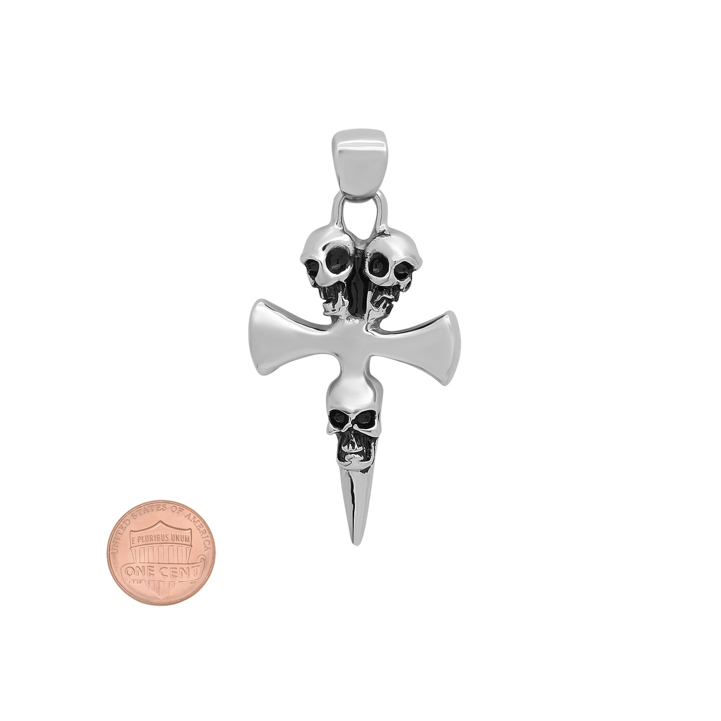 Highly Polished 29.4mm Stainless Steel Cross with Three Skulls Pendant