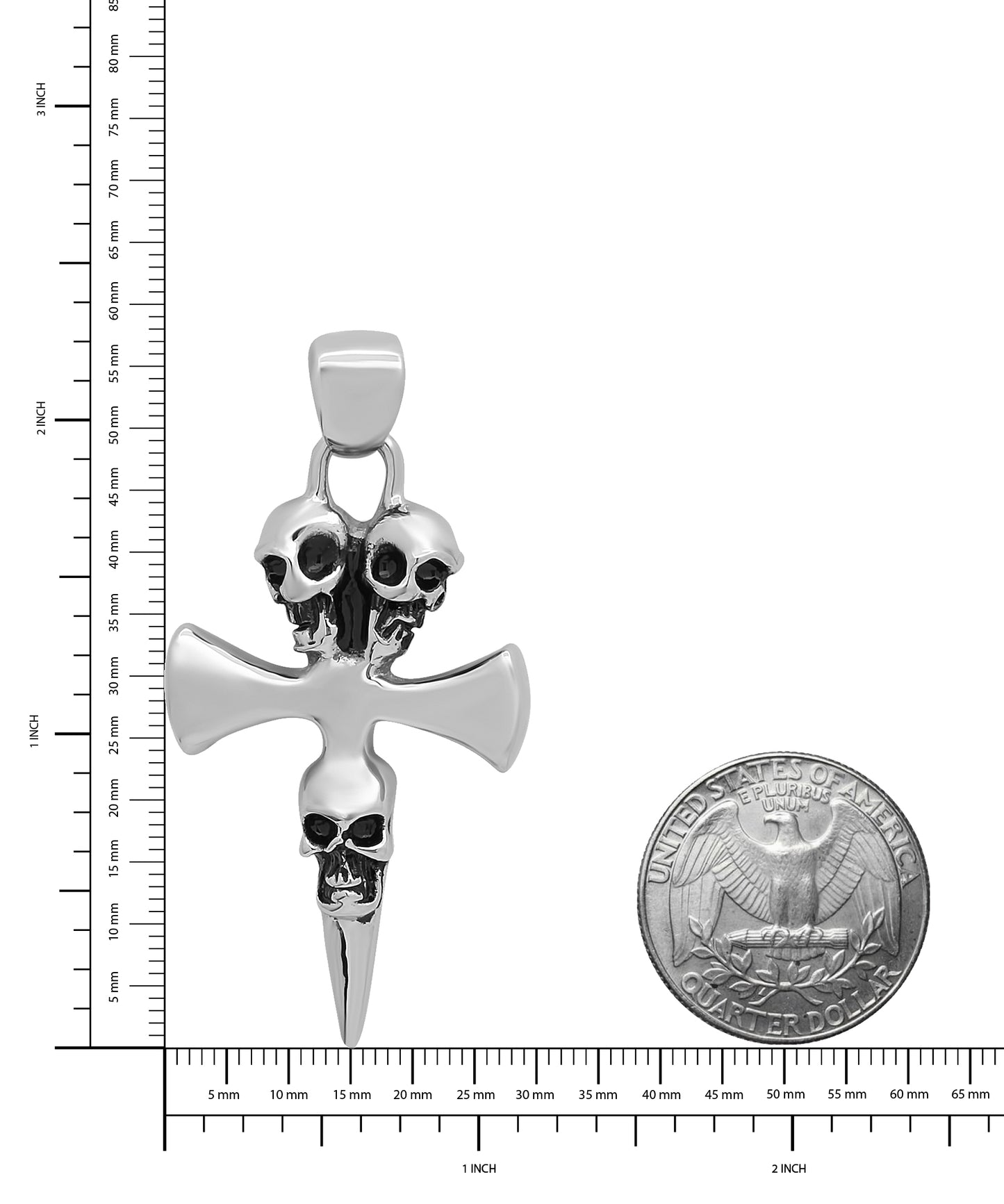 Highly Polished 29.4mm Stainless Steel Cross with Three Skulls Pendant