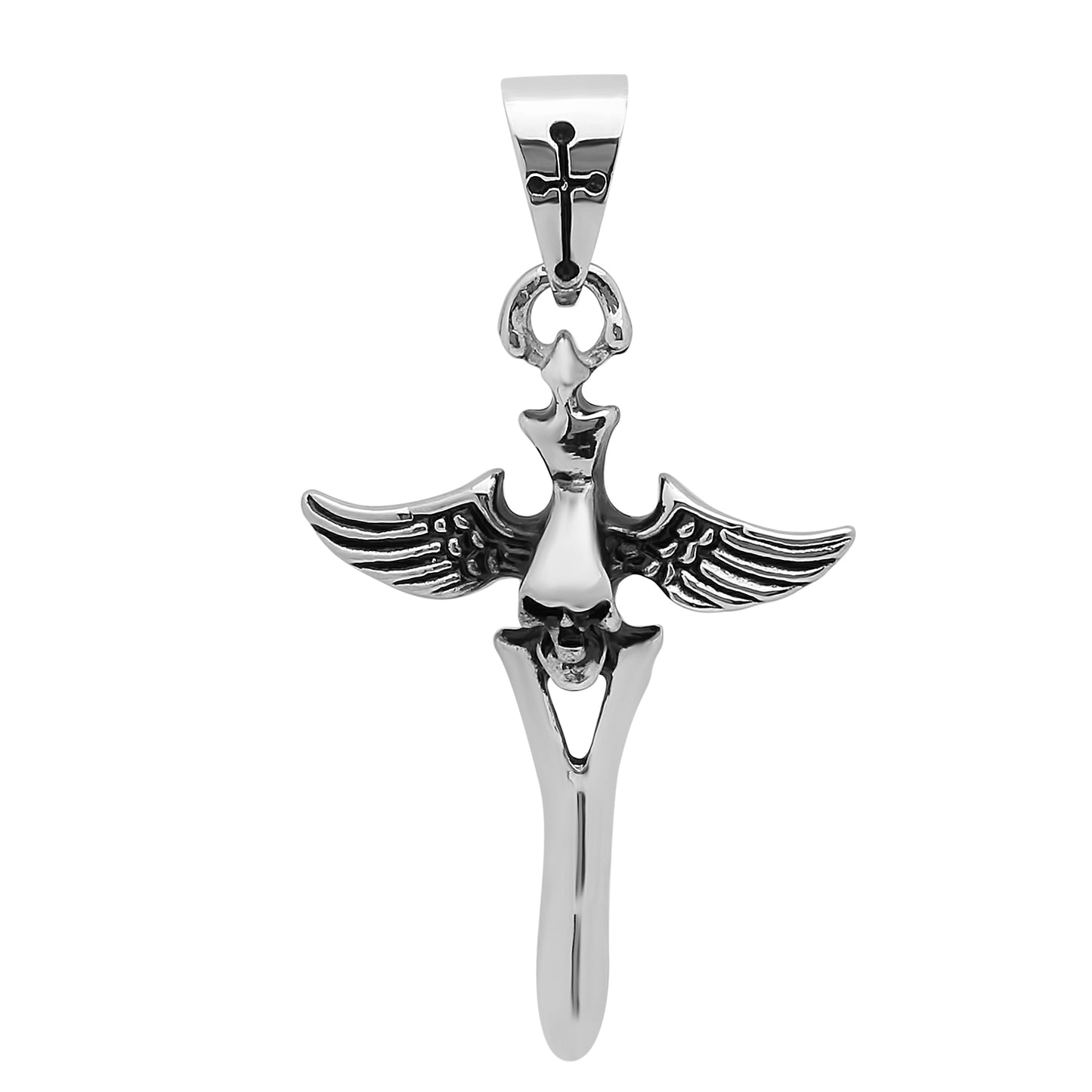 Highly Polished 34.7mm Stainless Steel Winged Skull Cross Pendant