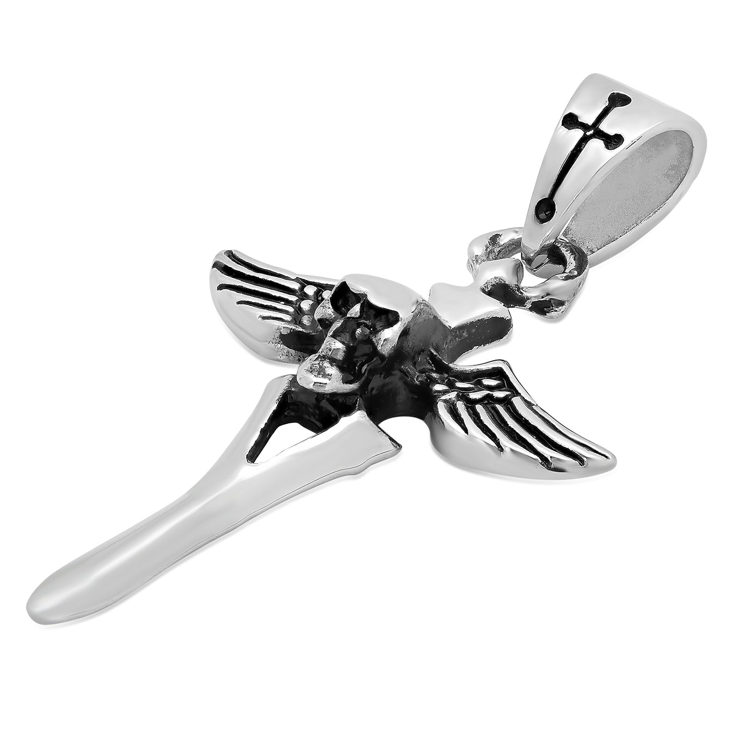 Highly Polished 34.7mm Stainless Steel Winged Skull Cross Pendant