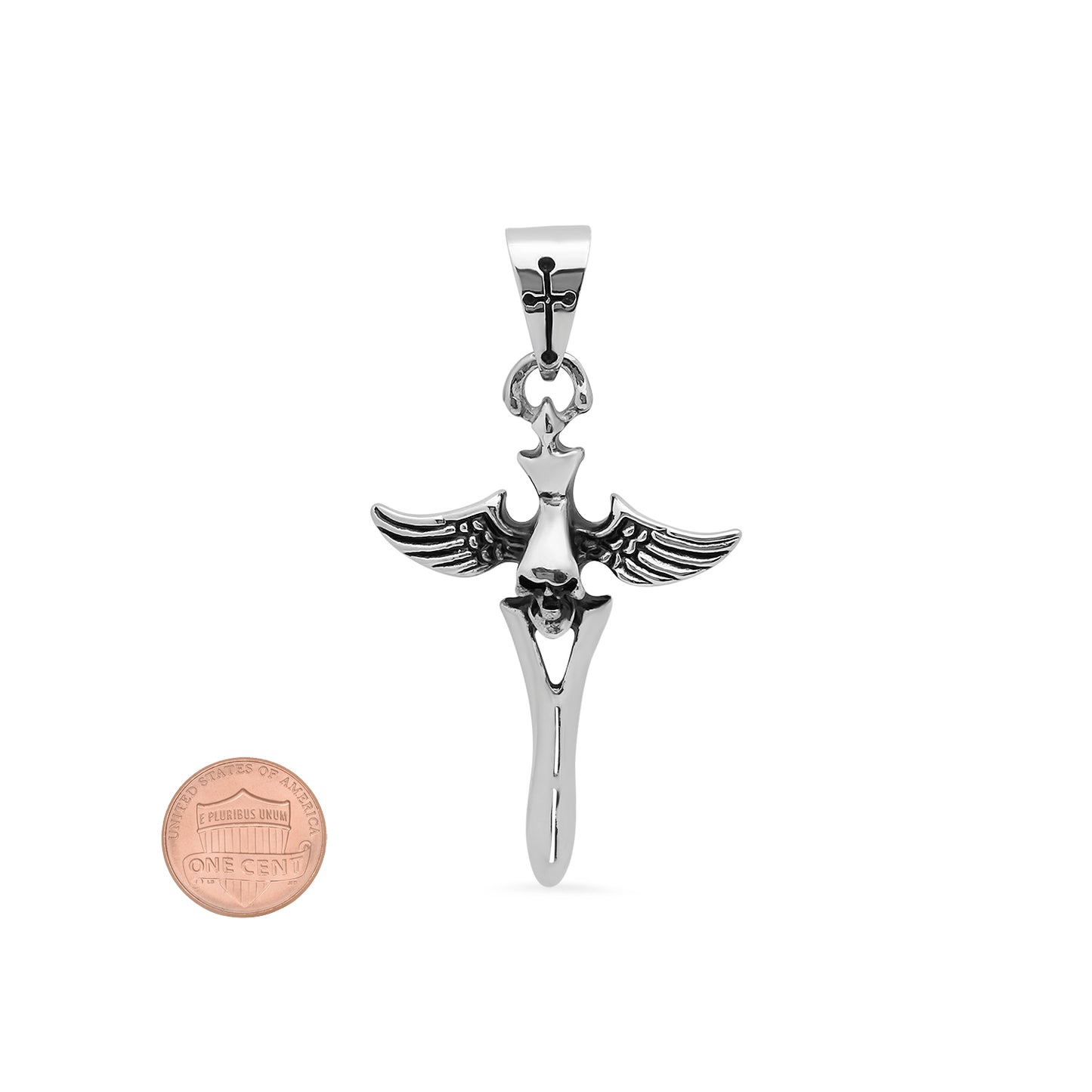 Highly Polished 34.7mm Stainless Steel Winged Skull Cross Pendant