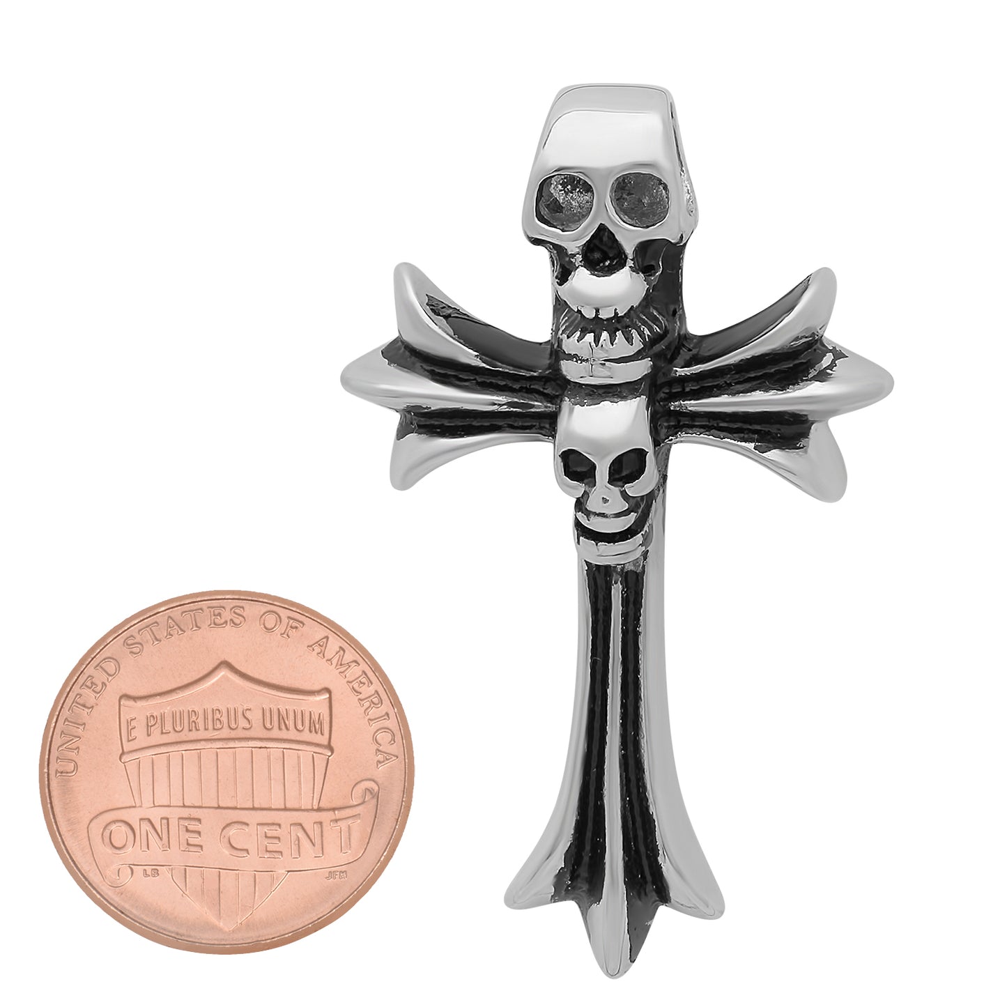 Highly Polished 27mm Solid Stainless Steel Double Skull Cross Pendant