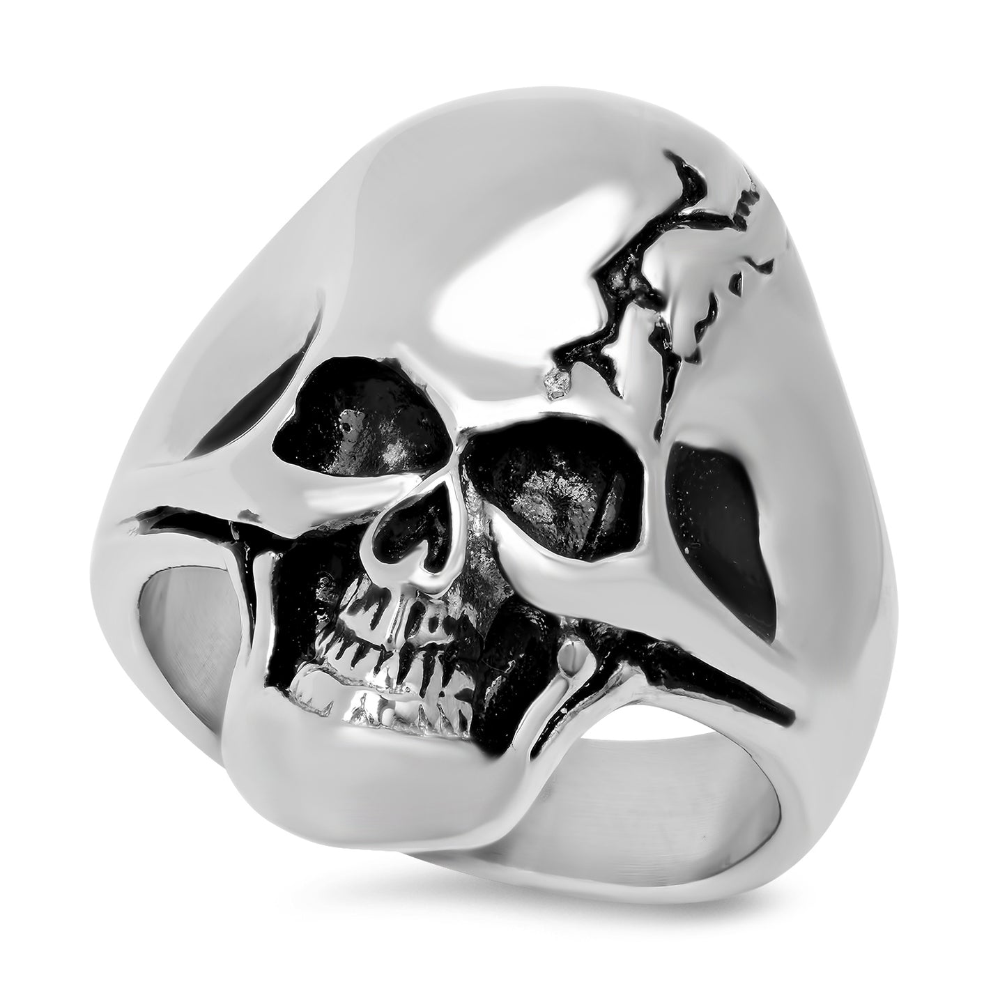 Stainless Steel Grinning Alien Cracked Skull Ring + Microfiber (SKU: ST-SKR104)