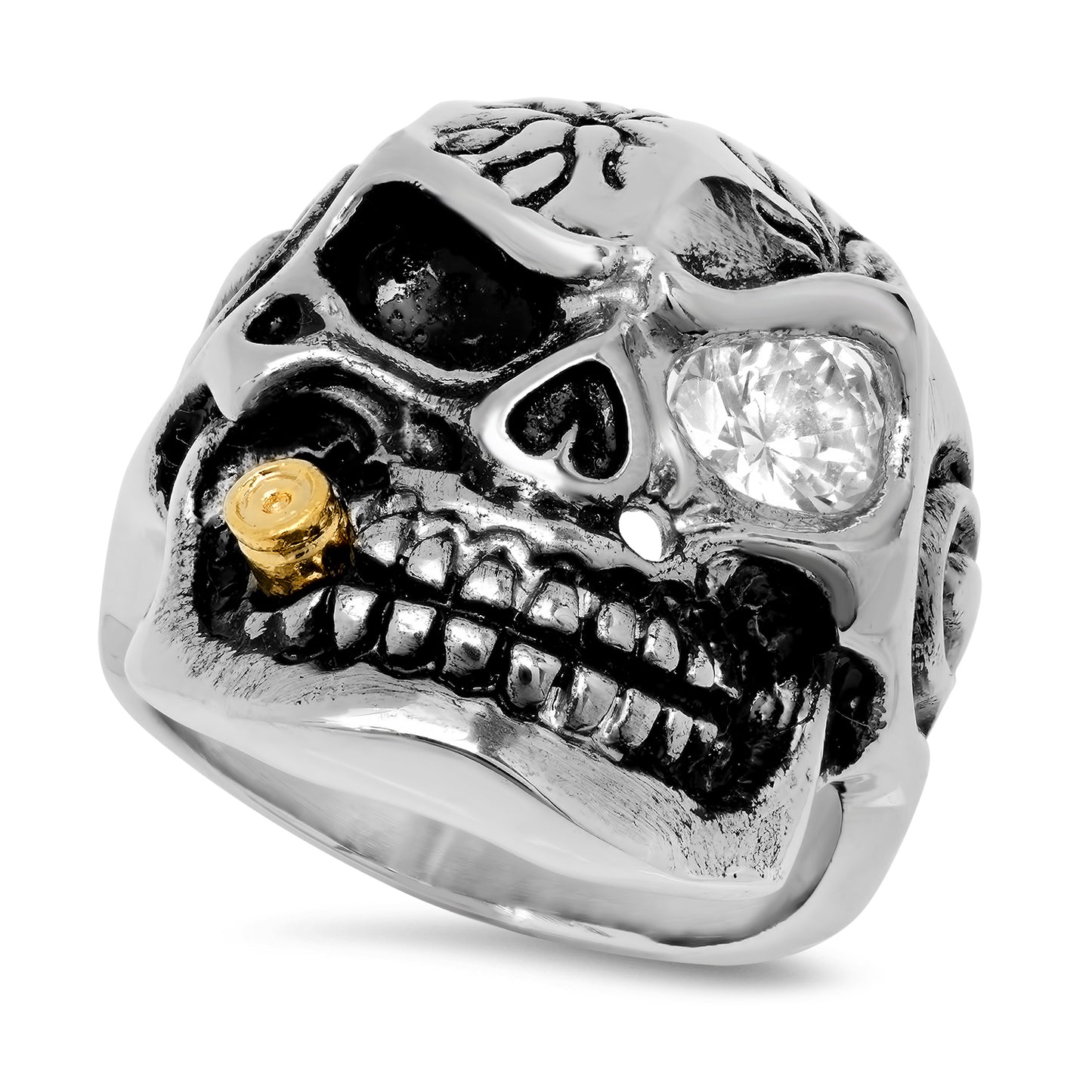 Stainless Steel Skull Ring w/CZ Eye & Bullet As A Cigar