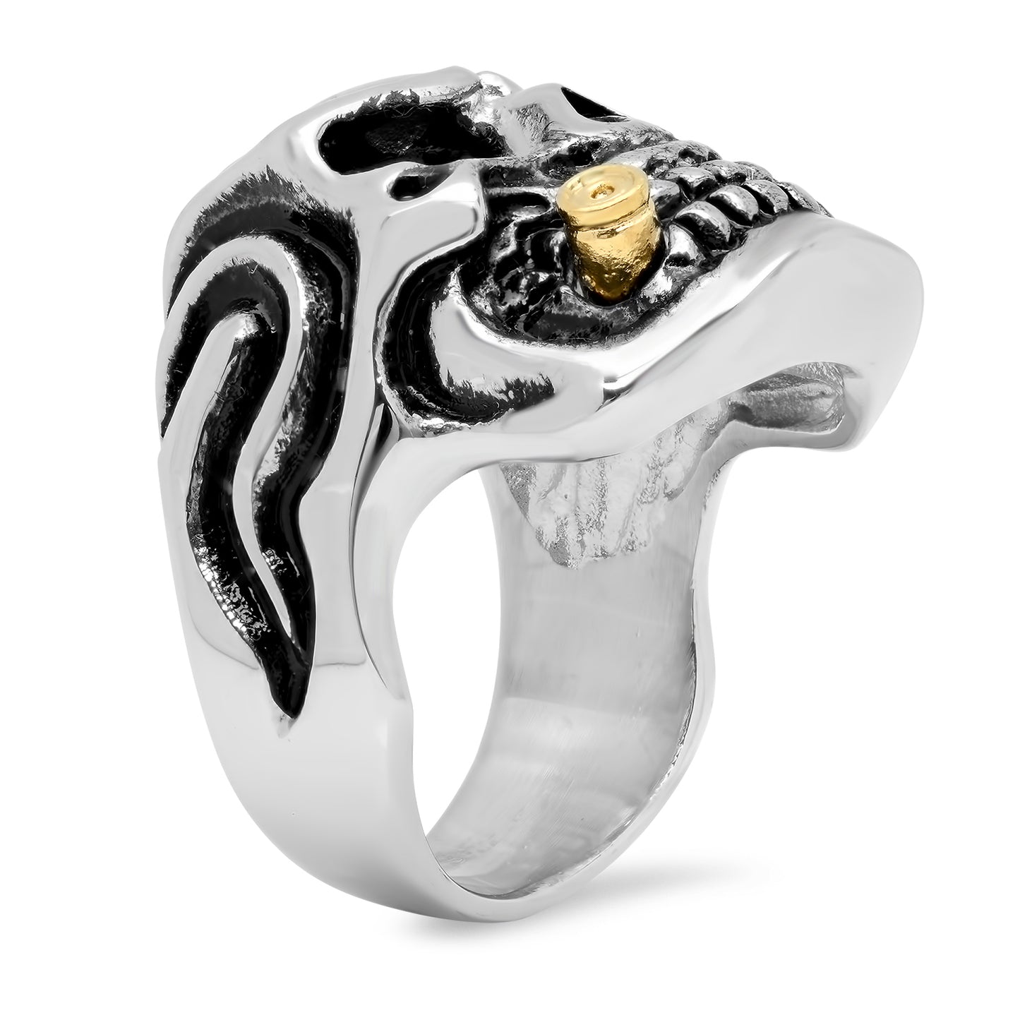 Stainless Steel Skull Ring w/CZ Eye & Bullet As A Cigar