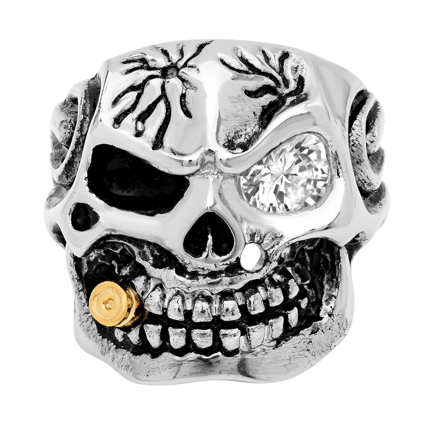 Stainless Steel Skull Ring w/CZ Eye & Bullet As A Cigar