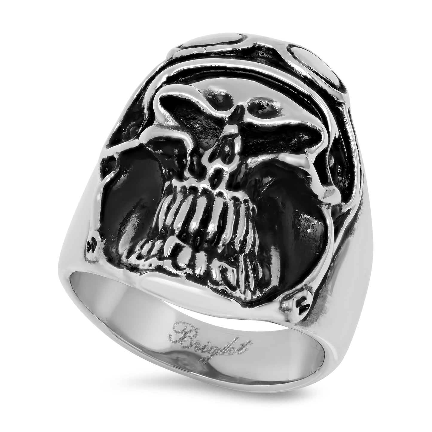 Stainless Steel Grinning Biker Skull w/Helmet & Goggles Ring