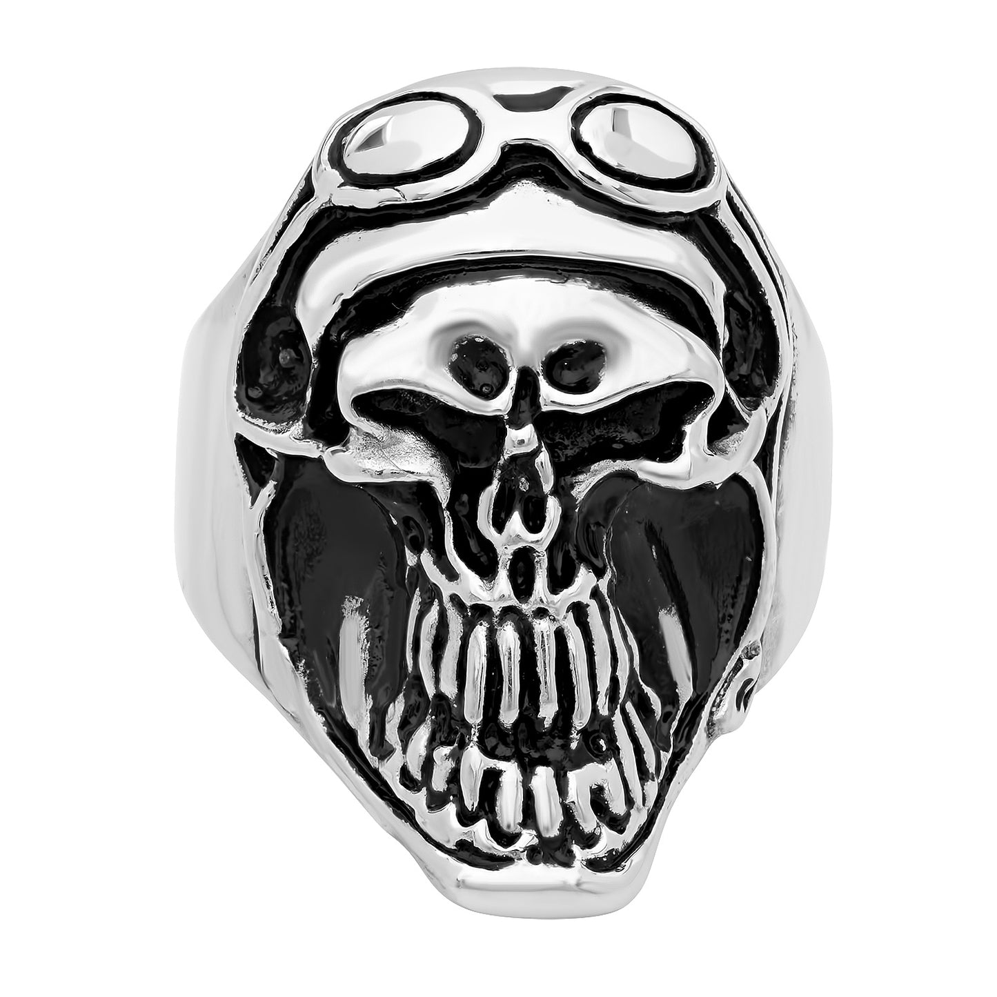 Stainless Steel Grinning Biker Skull w/Helmet & Goggles Ring