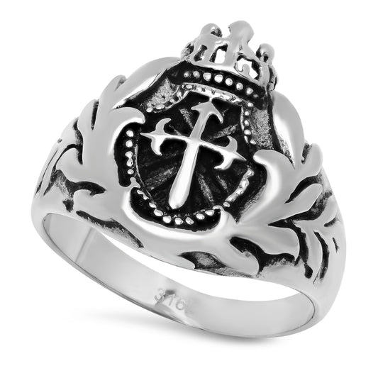 Stainless Steel Cross with Laurel Crown Ring