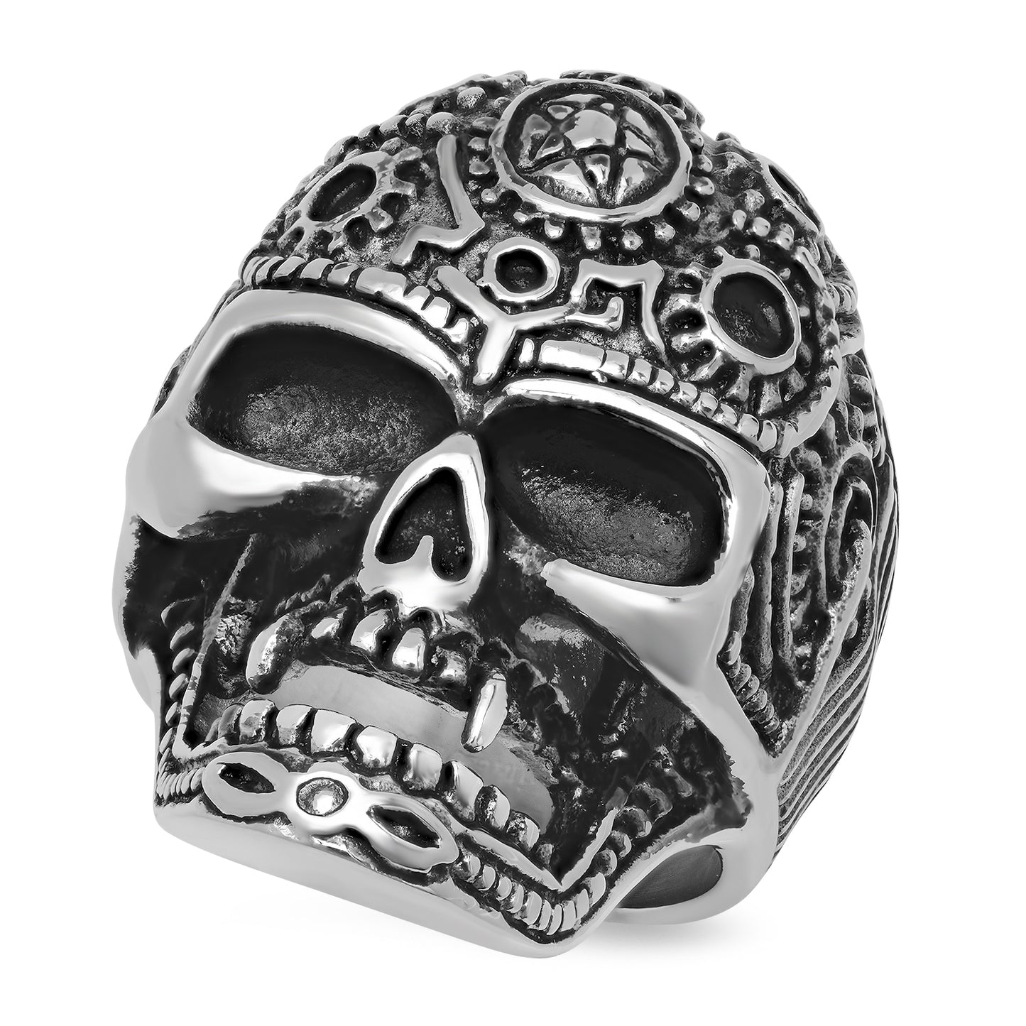 Stainless Steel Mechanical Skull w/Pentagram Ring