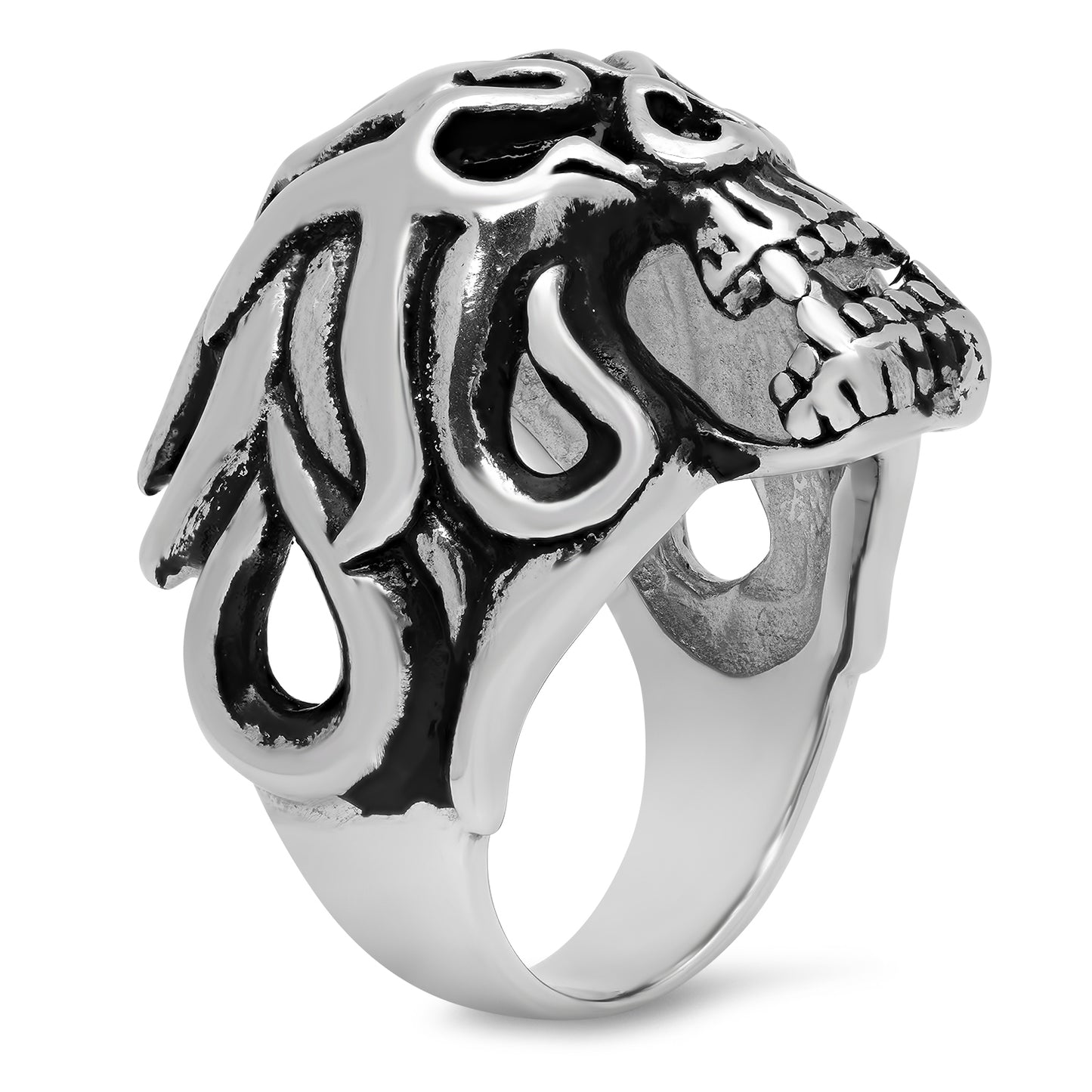 26mm Stainless Steel Flaming Demon Skull Ring + Jewelry Cloth & Pouch (SKU: ST-SKR129)