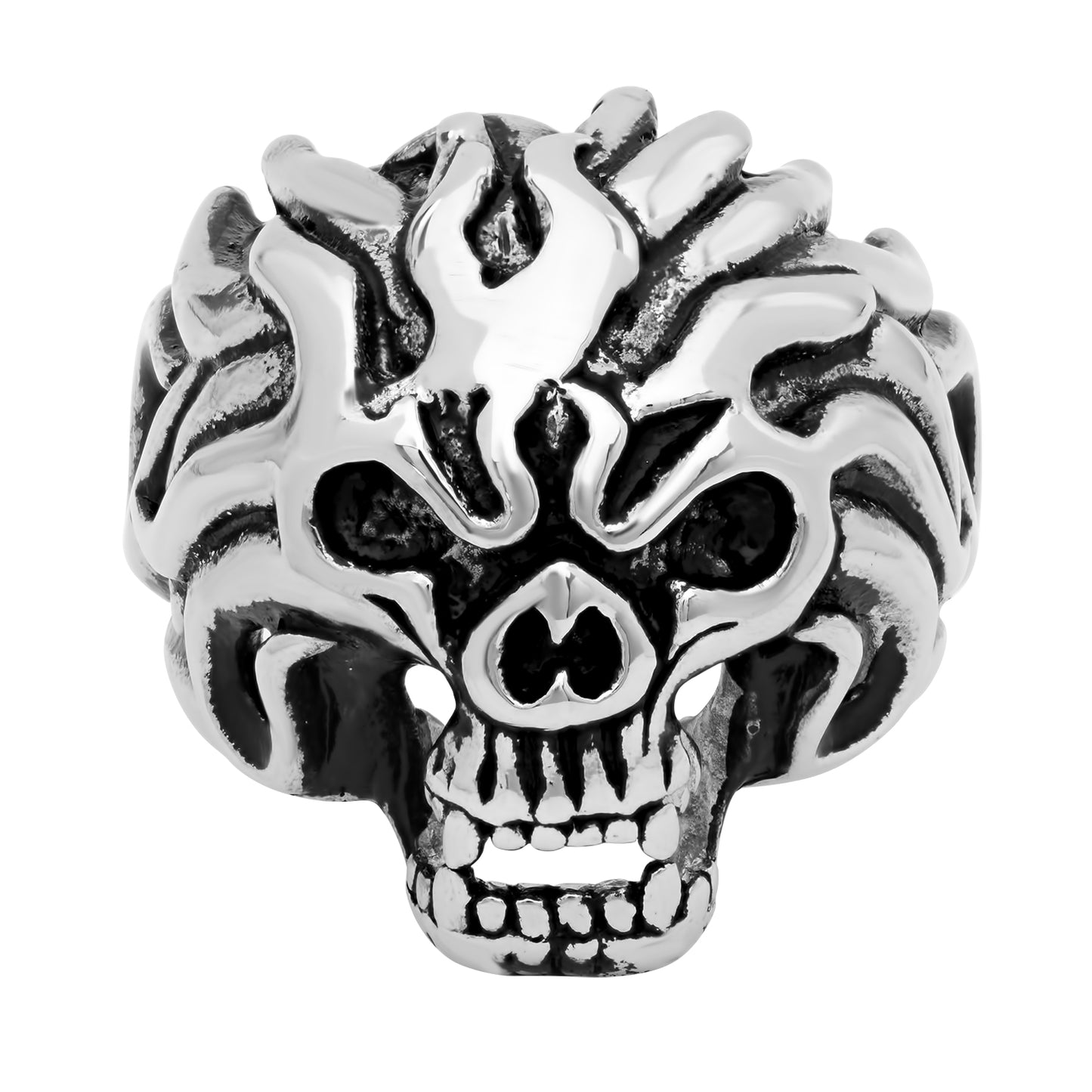 26mm Stainless Steel Flaming Demon Skull Ring + Jewelry Cloth & Pouch (SKU: ST-SKR129)