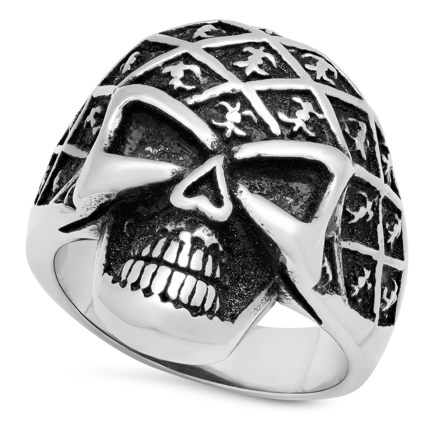 Stainless Steel Skull w/Fleur-de-Lis Pattern Ring