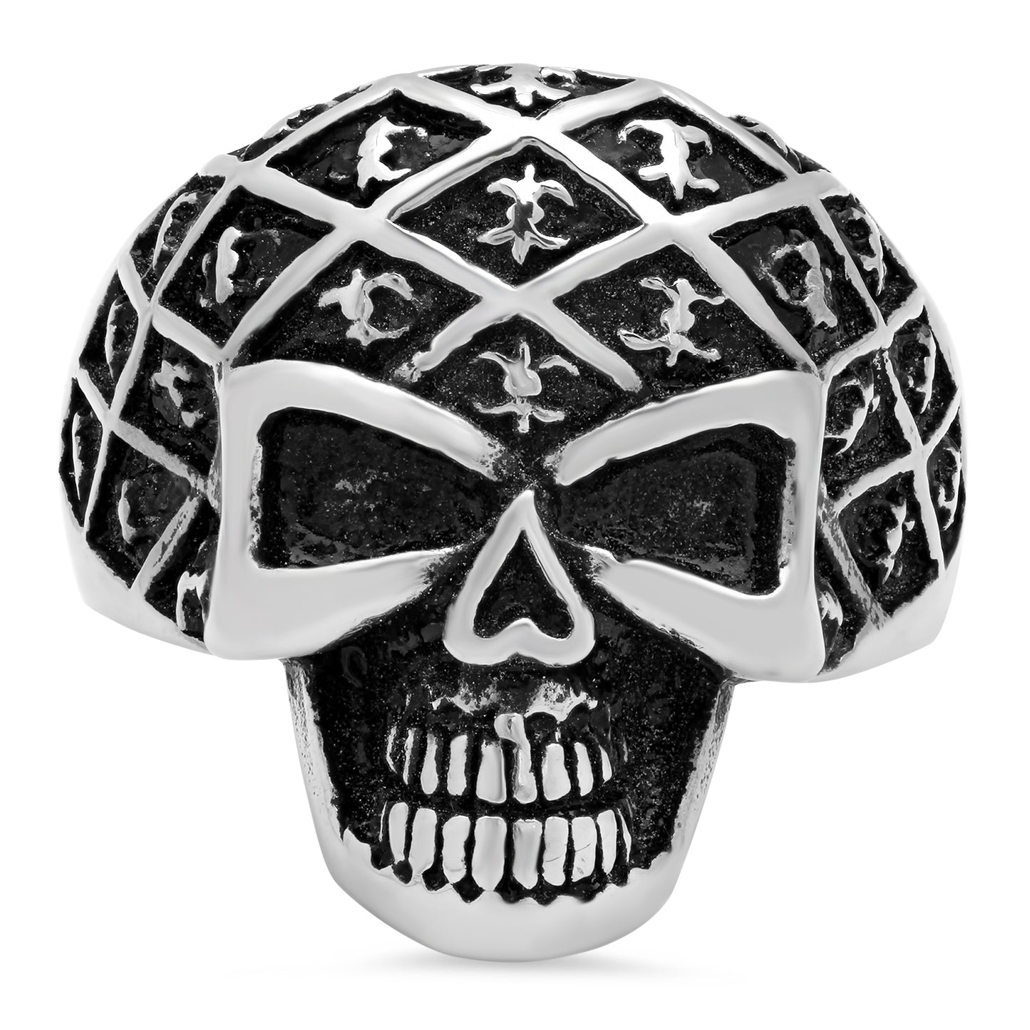 Stainless Steel Skull w/Fleur-de-Lis Pattern Ring