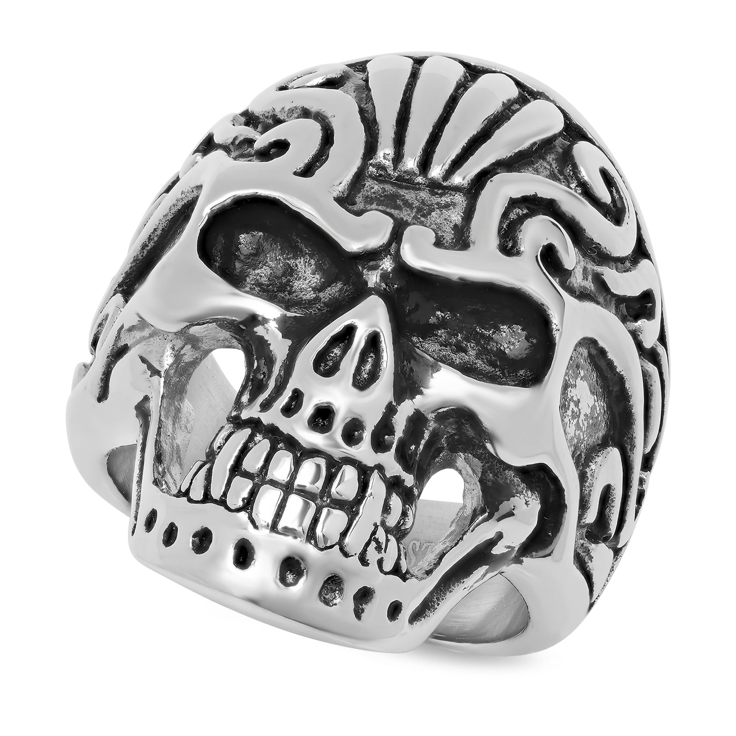 Stainless Steel Fanged Skull w/Tribal Details Ring