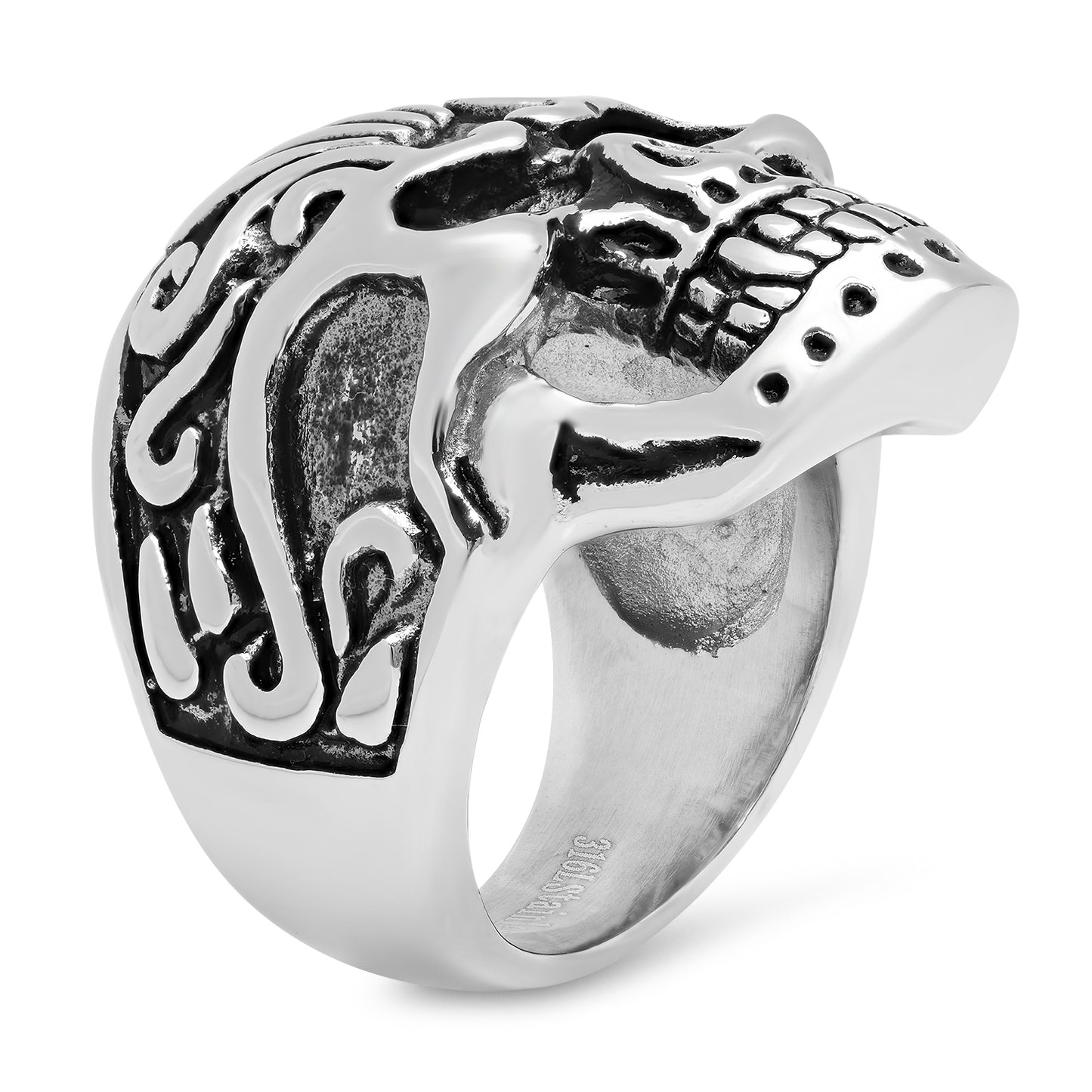 Stainless Steel Fanged Skull w/Tribal Details Ring