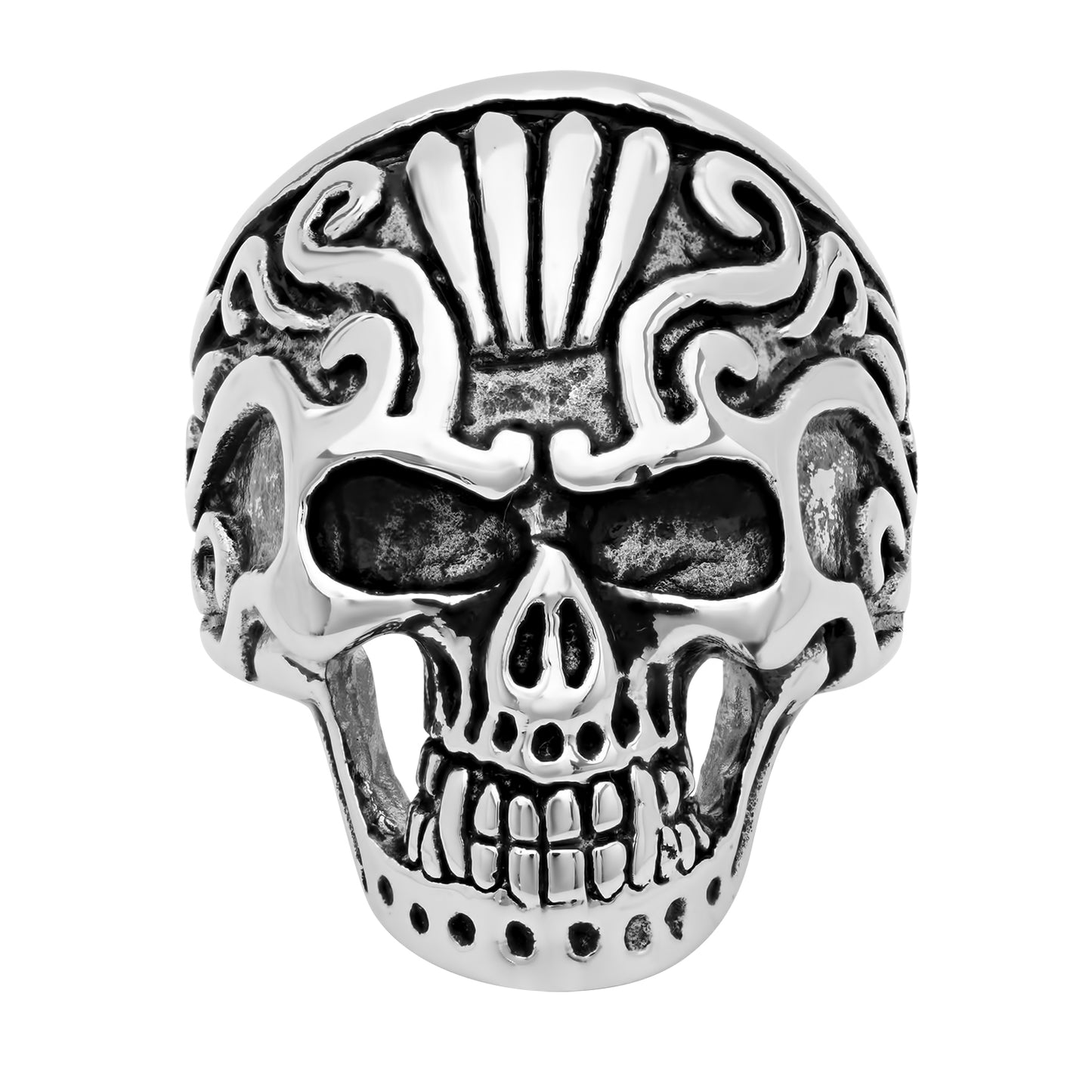 Stainless Steel Fanged Skull w/Tribal Details Ring