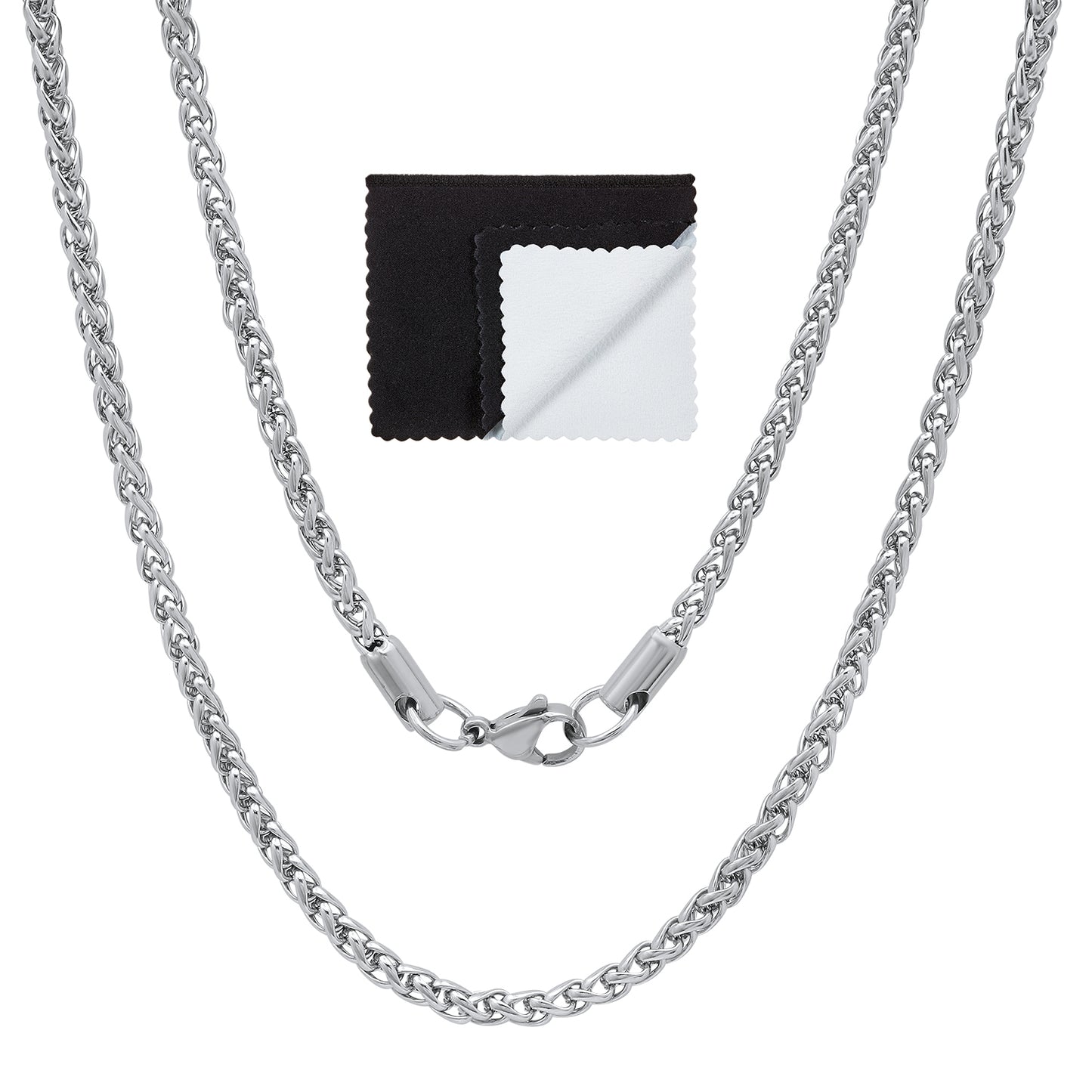 3mm High-Polished Stainless Steel Braided Wheat Chain Necklace + Gift Box