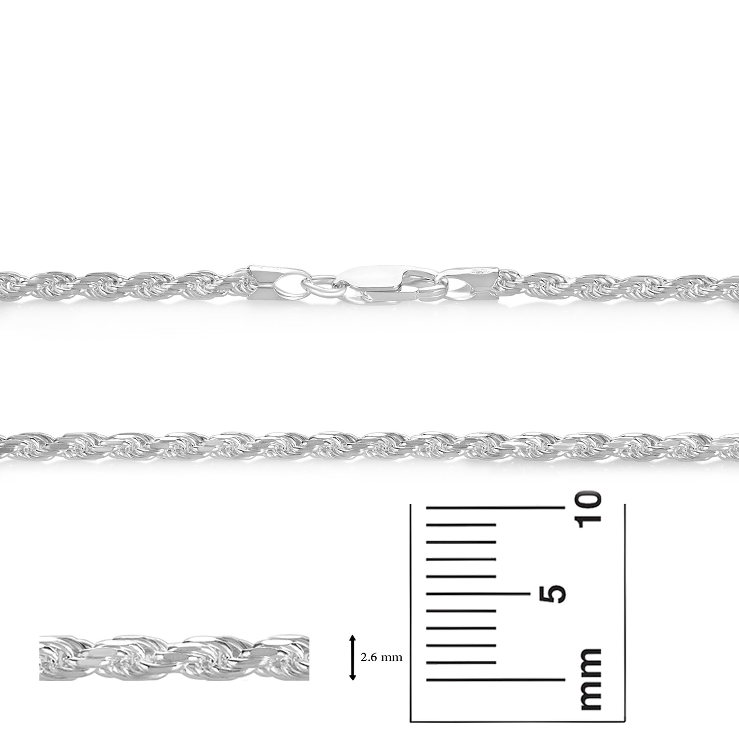 2.6mm .925 Sterling Silver Diamond-Cut Twisted Rope Chain Necklace + Bracelet Set