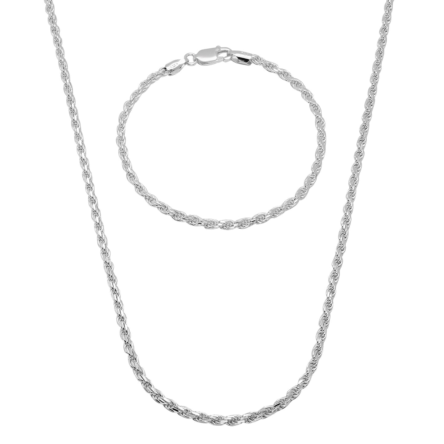 2.6mm .925 Sterling Silver Diamond-Cut Twisted Rope Chain Necklace + Bracelet Set