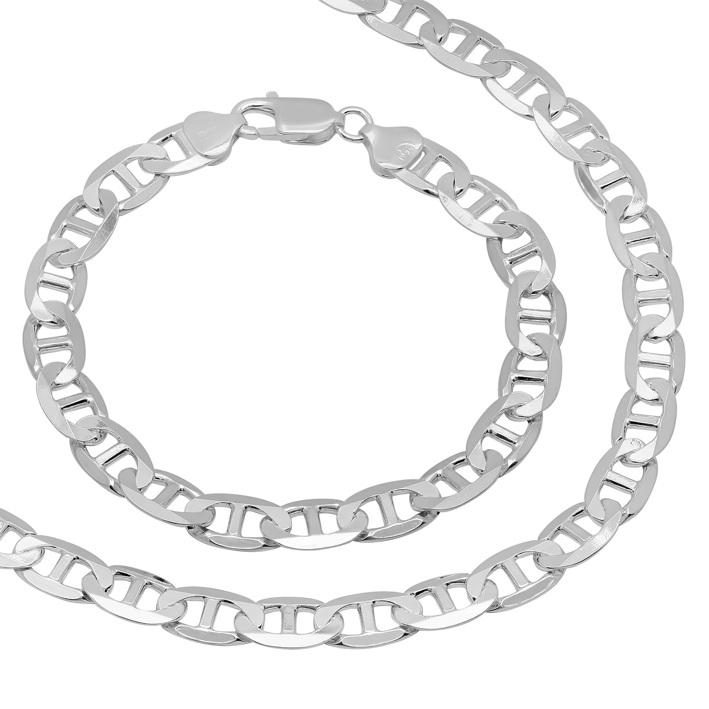 8mm Solid .925 Sterling Silver Flat Mariner Chain Necklace + Bracelet Set