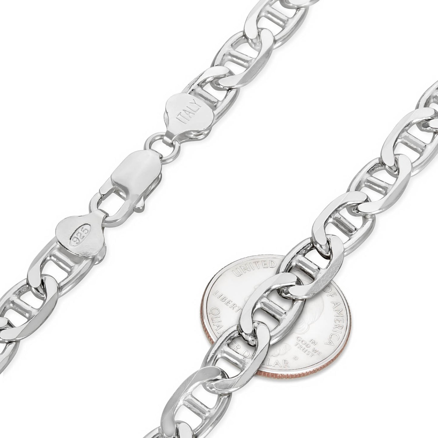 Men's 8mm Solid .925 Sterling Silver Flat Mariner Chain Necklace