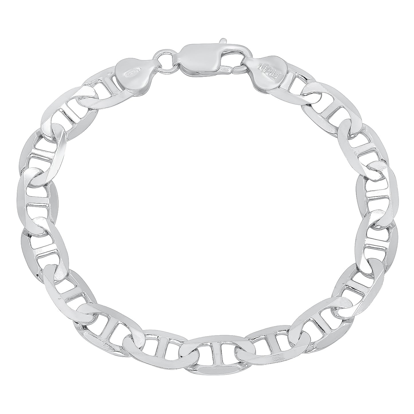 Men's 8mm Rhodium Plated Silver Flat Mariner Chain Necklace